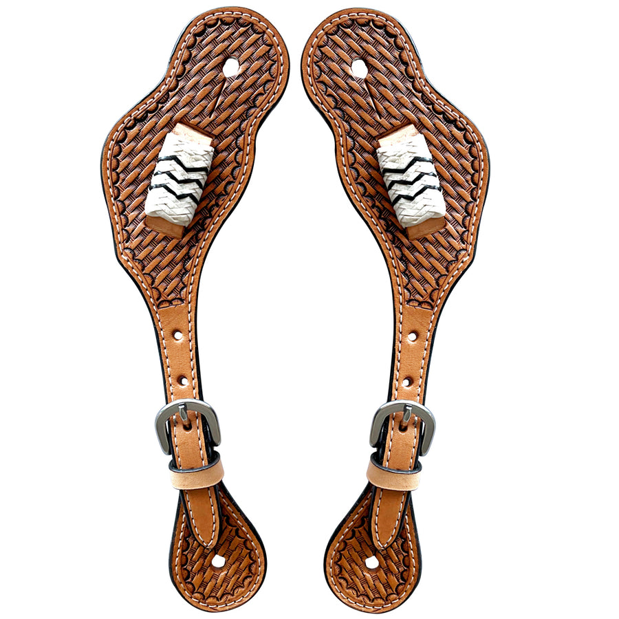 Tooled leather western spurs with silver inlay - Bar H Equine