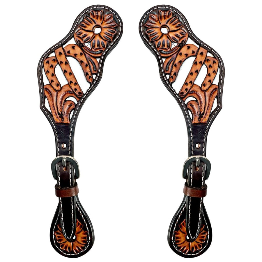 Leather spur straps with tooled floral design - Uhorse