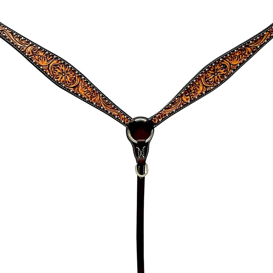 Brown leather tooled breast collar with silver hardware - Uhorse