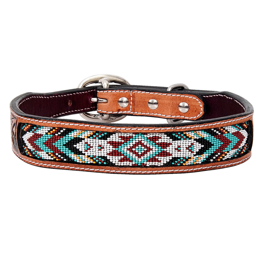 Medium Strong Genuine Leather Dog Collar Beaded Hand Tooled Hilason - Uhorse