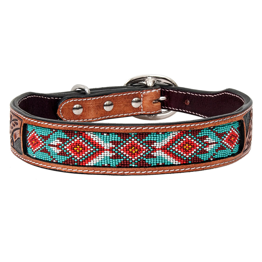 Small Strong Genuine Leather Dog Collar Beaded Hand Tooled Hilason - Uhorse