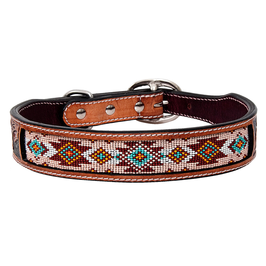 Medium Strong Genuine Leather Dog Collar Beaded Hand Tooled Hilason - Hilason