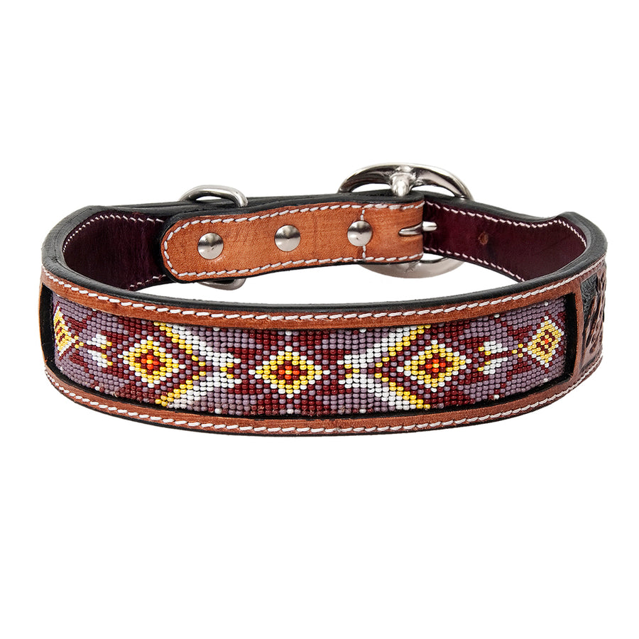 Medium Strong Genuine Leather Dog Collar Beaded Hand Tooled Hilason - Hilason