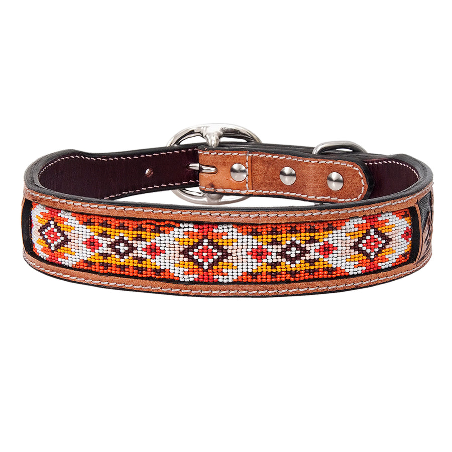 Medium Strong Genuine Leather Dog Collar Beaded Hand Tooled Hilason - Hilason