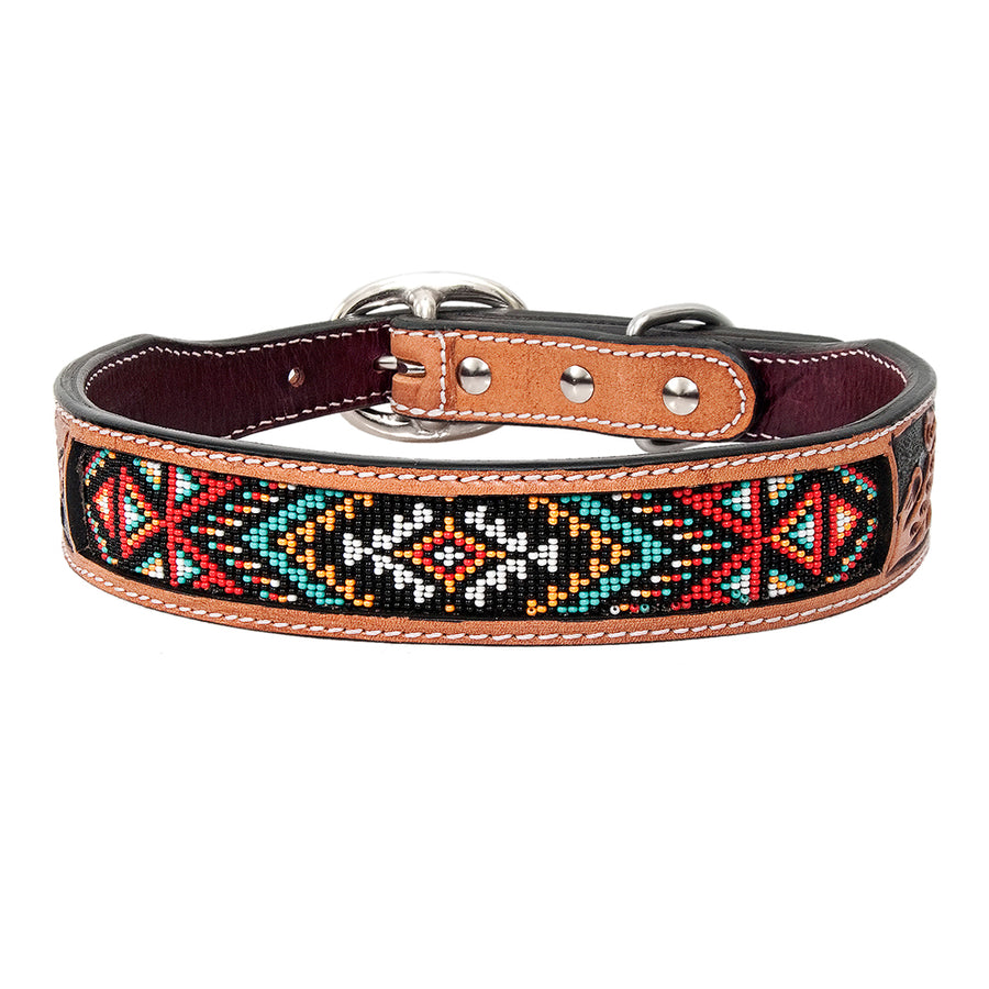 Large Strong Genuine Leather Dog Collar Beaded Hand Tooled Hilason - Hilason