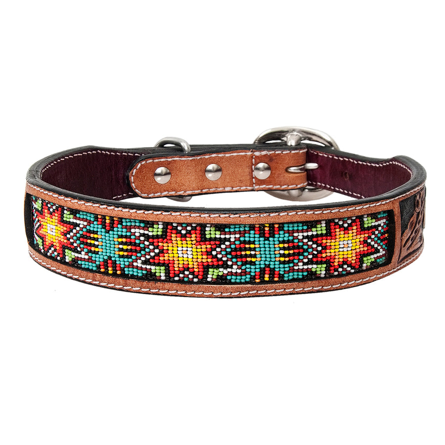 Large Strong Genuine Leather Dog Collar Beaded Hand Tooled Hilason - Uhorse