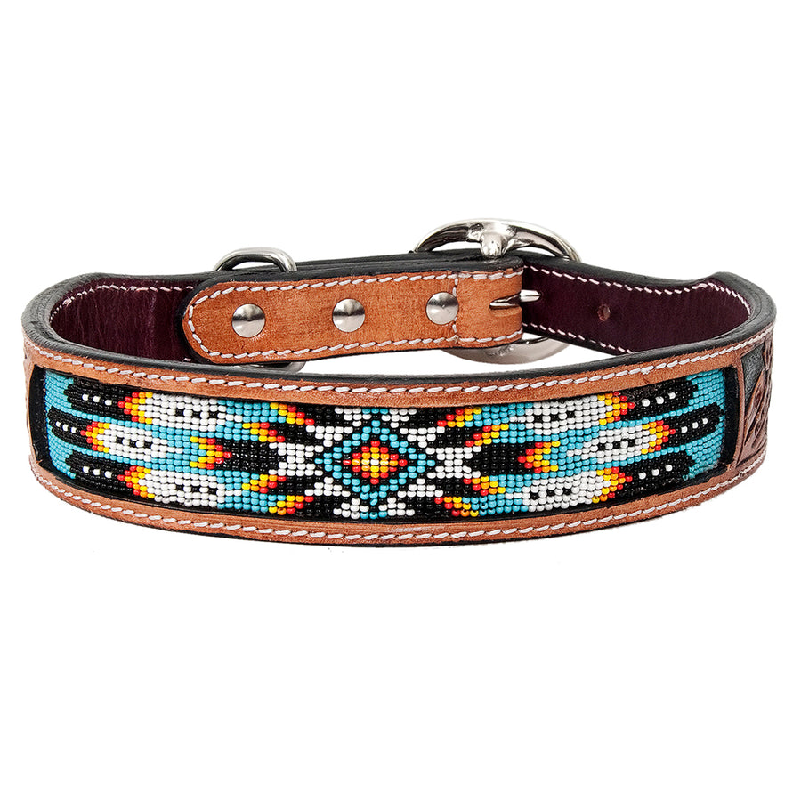 Large Strong Genuine Leather Dog Collar Beaded Hand Tooled Hilason - Uhorse