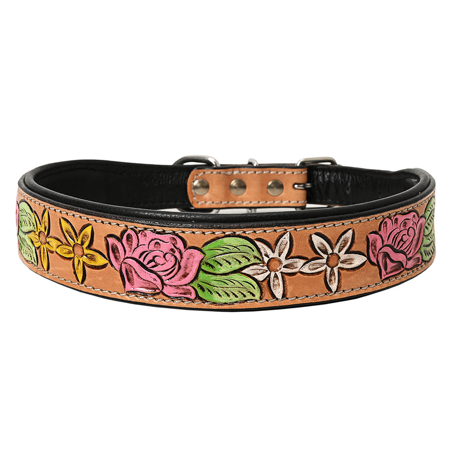 medium Hilason Western Floral Hand Painted Tooled Heavy Duty Genuine Leather Dog Collar - Uhorse