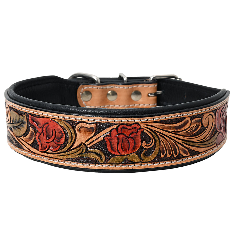 medium Hilason Western Floral Hand Painted Tooled Heavy Duty Genuine Leather Dog Collar - Uhorse