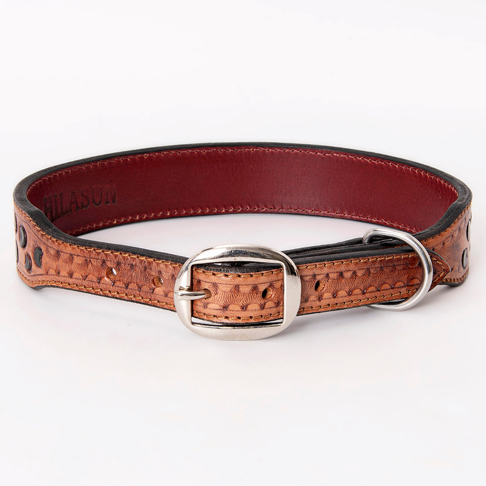 Strong Genuine Leather Dog Collar Tan Hand Tooled Hilason