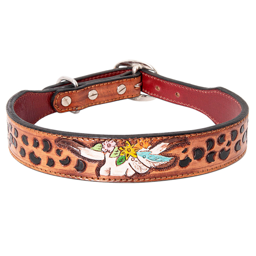Small Strong Genuine Leather Dog Collar Tan Hand Tooled Hilason - Hilason