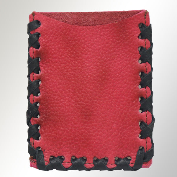 Red leather phone or card holder with black scalloped edges - Uhorse