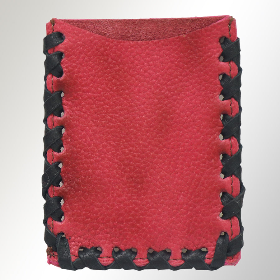 Red leather phone or card holder with black scalloped edges - Uhorse
