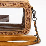 American Darling Clear Crossbody Purse Hand Tooled Tan Leather Trim, Stadium Approved Western Style