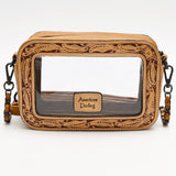 American Darling Clear Crossbody Purse Hand Tooled Tan Leather Trim, Stadium Approved Western Style