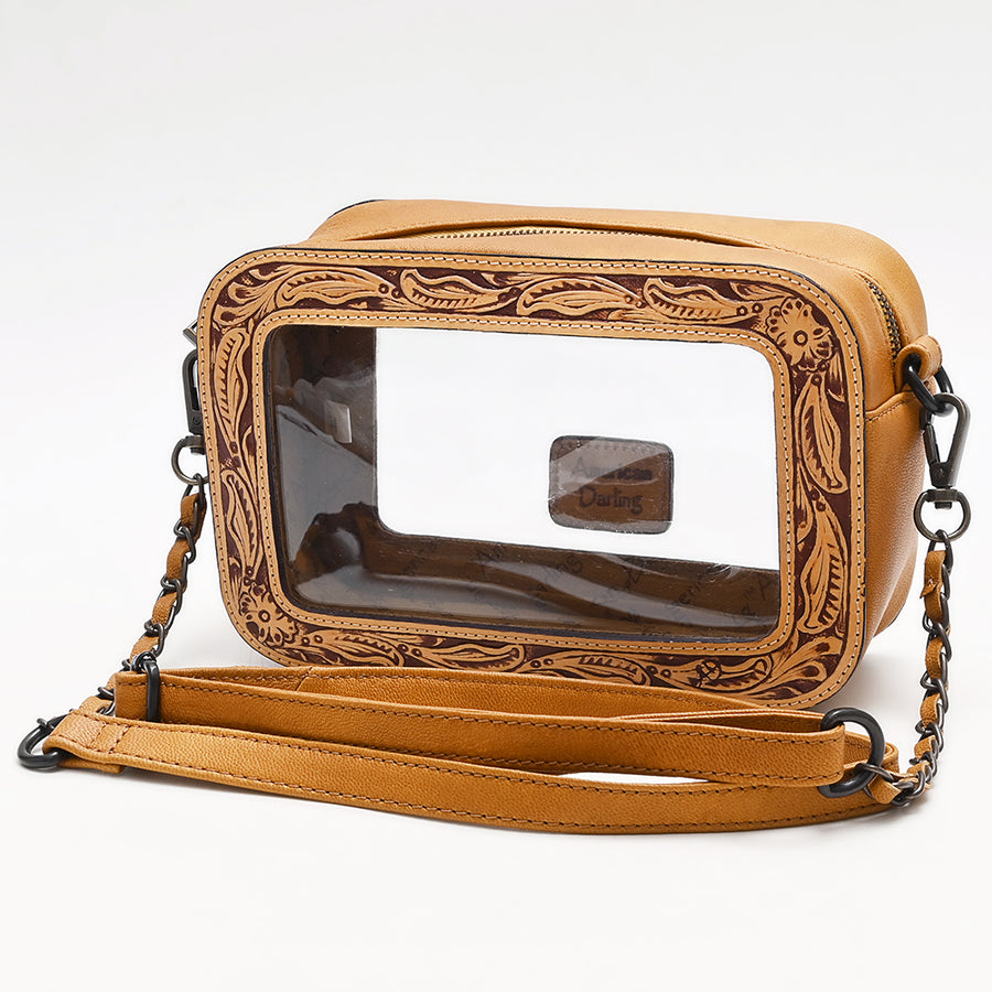 American Darling Clear Crossbody Purse Hand Tooled Tan Leather Trim, Stadium Approved Western Style - Hilason