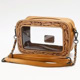 American Darling Clear Crossbody Purse Hand Tooled Tan Leather Trim, Stadium Approved Western Style