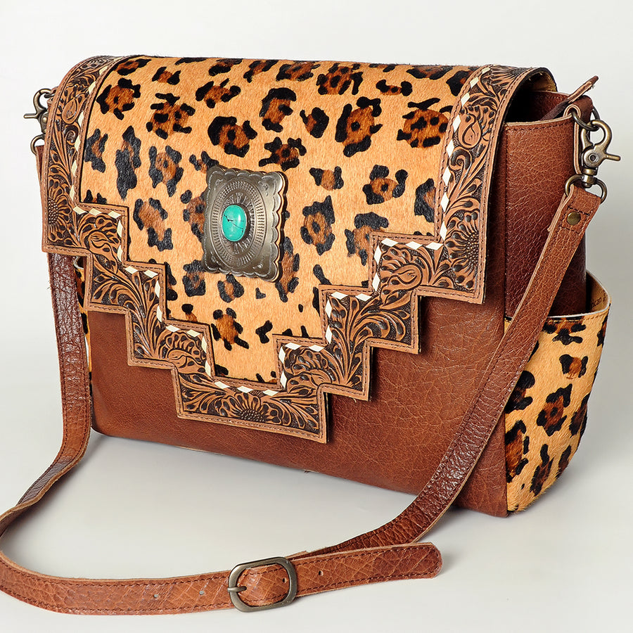American Darling Western Messenger Bag - Hand Tooled Floral Leather and Hair-On Cowhide - Uhorse