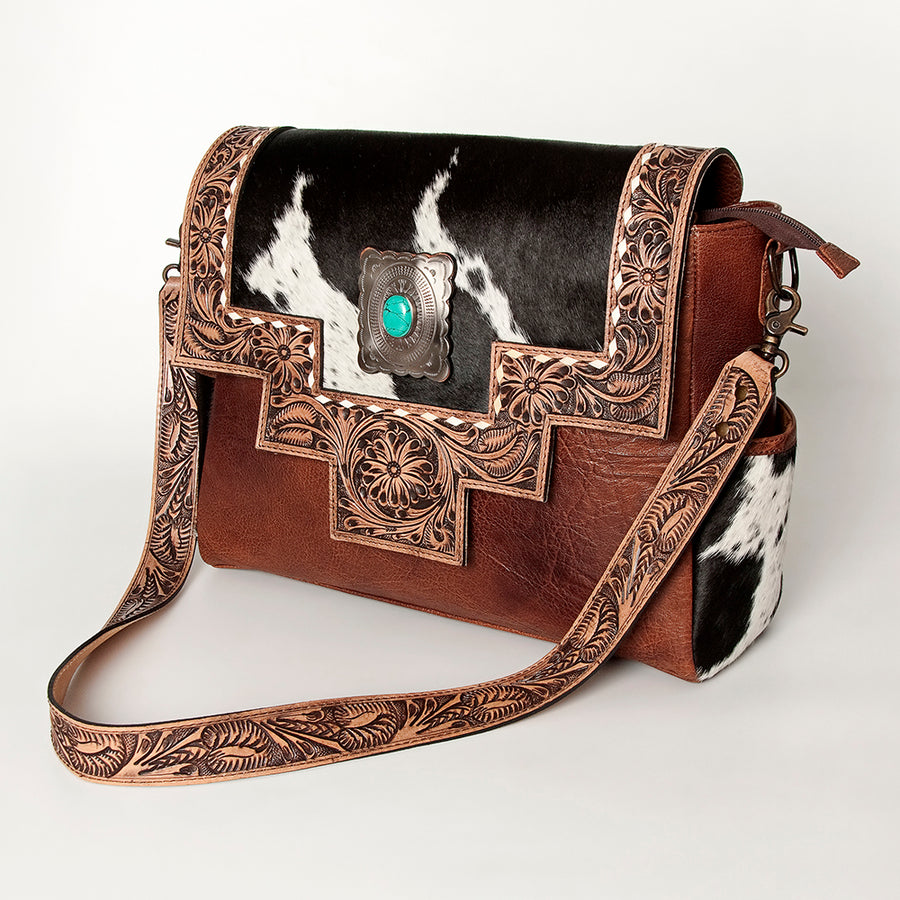 American Darling Western Messenger Bag - Hand Tooled Floral Leather and Hair-On Cowhide - Uhorse