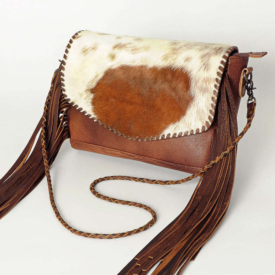 American Darling Western Cross body Bag Hair-On Cowhide with Braided Detail and Fringes - Uhorse