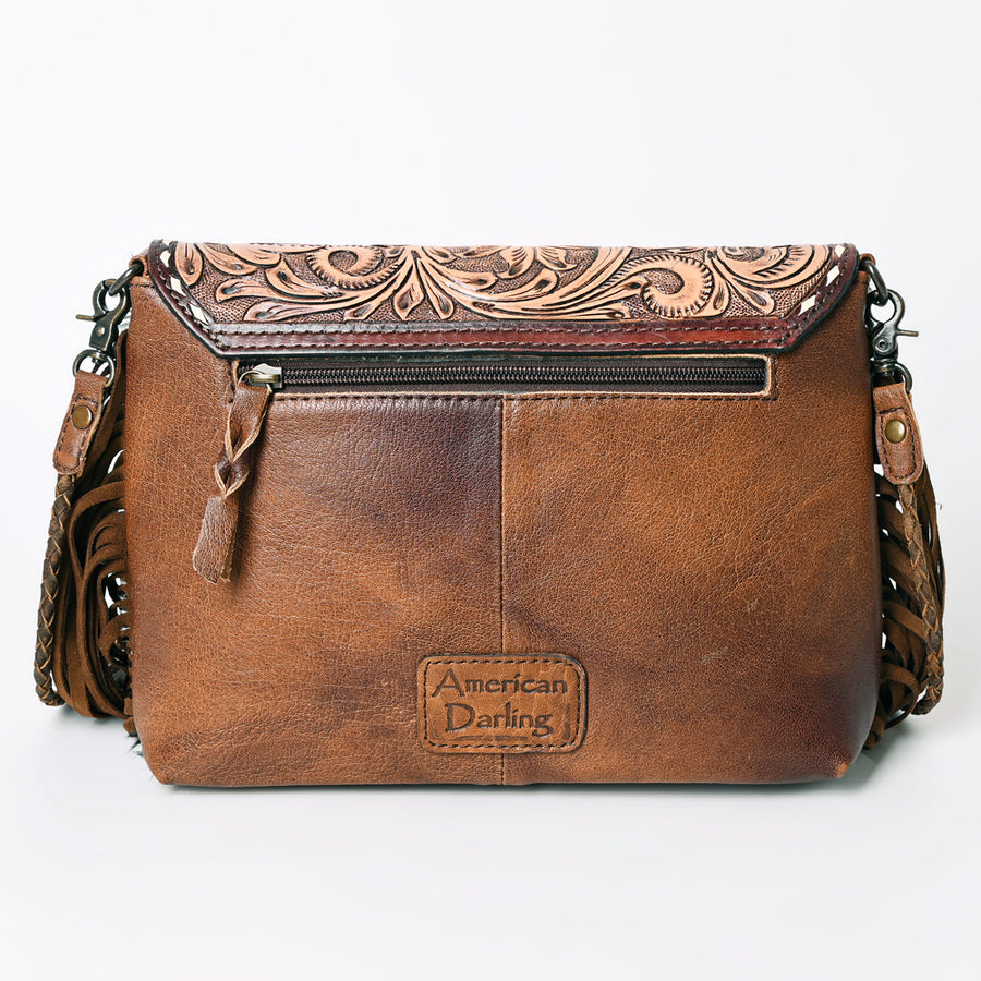 American Darling Cross body Bag Western Leather Hair-On Cowhide Braided Detail with Fringes 8in x 11in