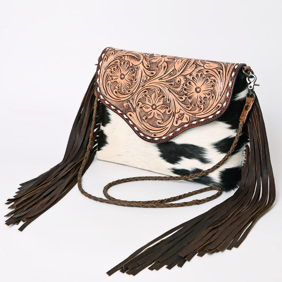 American Darling Hand Tooled Floral Leather and Hair-On Cowhide Cross body Bag with Fringes - Uhorse