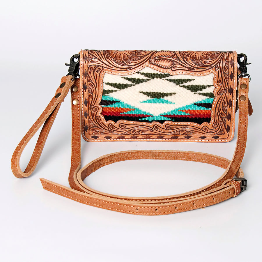 Tan leather crossbody bag with tooled border and woven textile panel - Uhorse