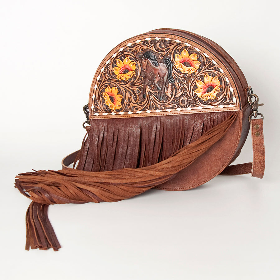 American Darling Canteen Bag for Women, Hand Tooled Floral Leather, Western Style Crossbody with Fringes, Genuine Leather
