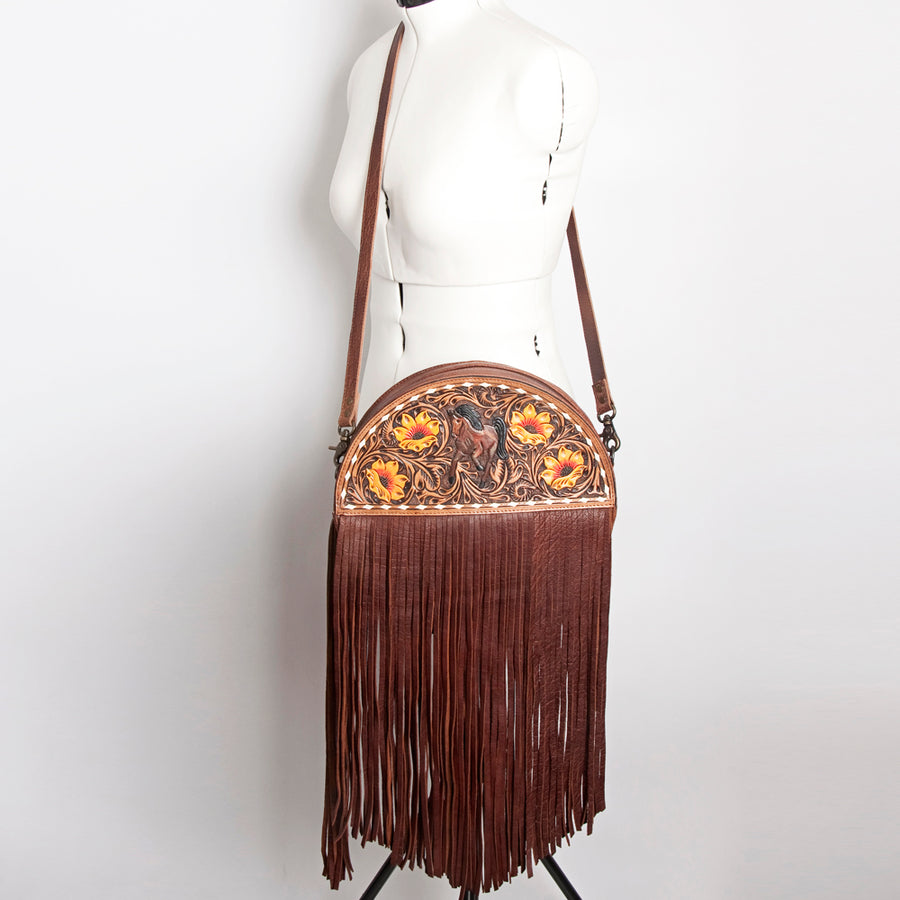 American Darling Canteen Bag for Women, Hand Tooled Floral Leather, Western Style Crossbody with Fringes, Genuine Leather