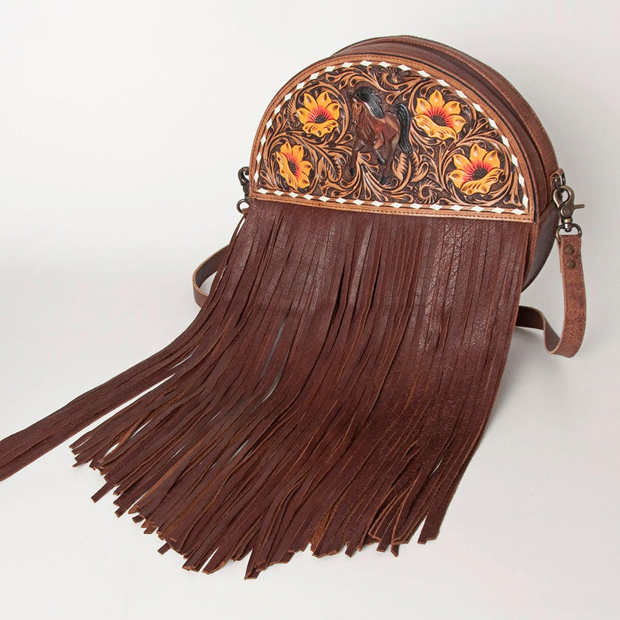 American Darling Hand Tooled Floral Leather Canteen Bag with Fringes - Uhorse