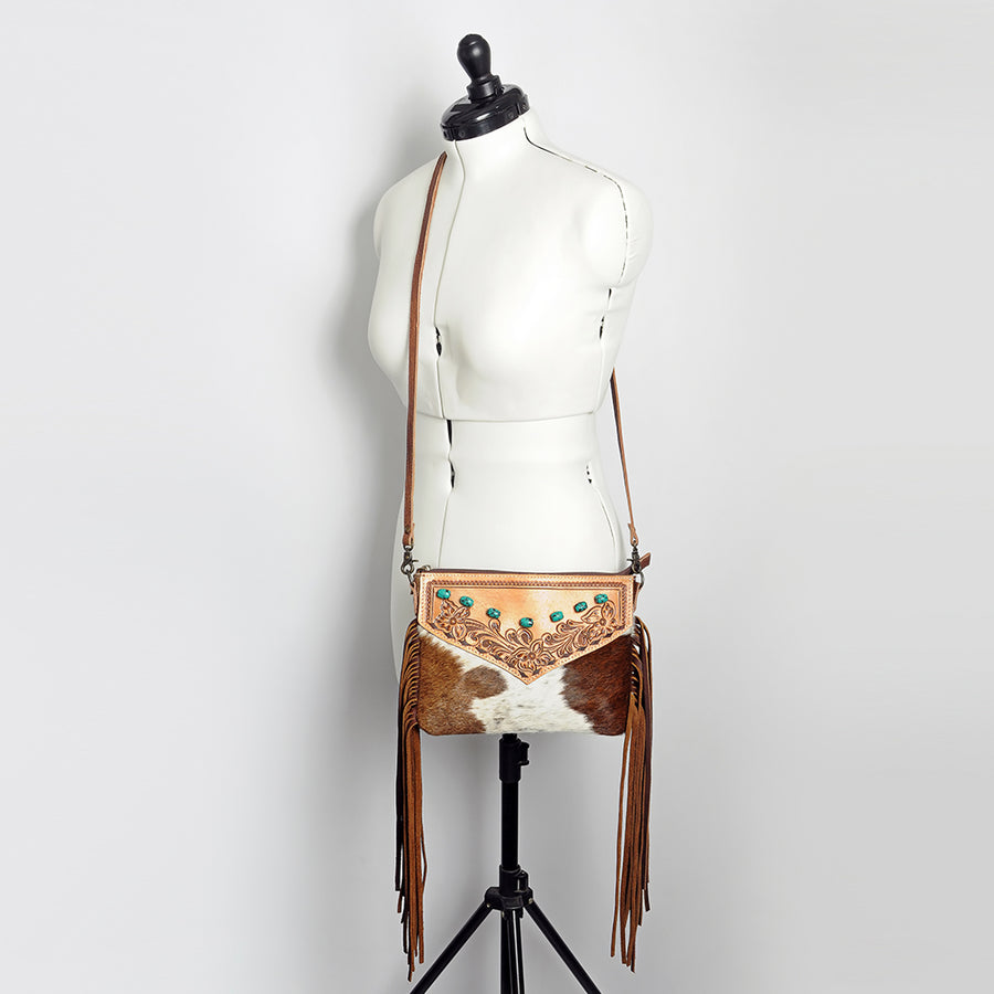 American Darling Small Cross body Bag for Women, Hand Tooled Floral Leather, Hair-On Cowhide with Fringes, Genuine Leather