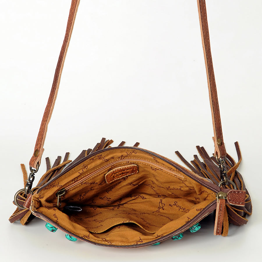 American Darling Small Cross body Bag for Women, Hand Tooled Floral Leather, Hair-On Cowhide with Fringes, Genuine Leather