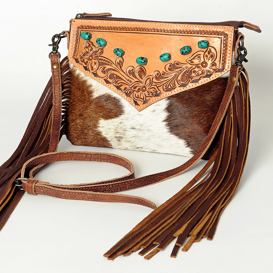 American Darling Hand Tooled Floral Leather and Hair-On Cowhide Small Cross body Bag with Fringes - Uhorse