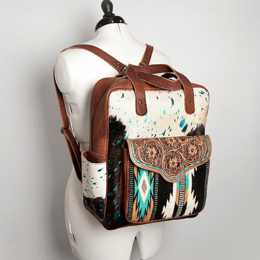 American Darling Backpack, Hand Tooled Floral Leather, Hair-On Cowhide & Woven Saddle Blanket, Western Style Genuine Leather