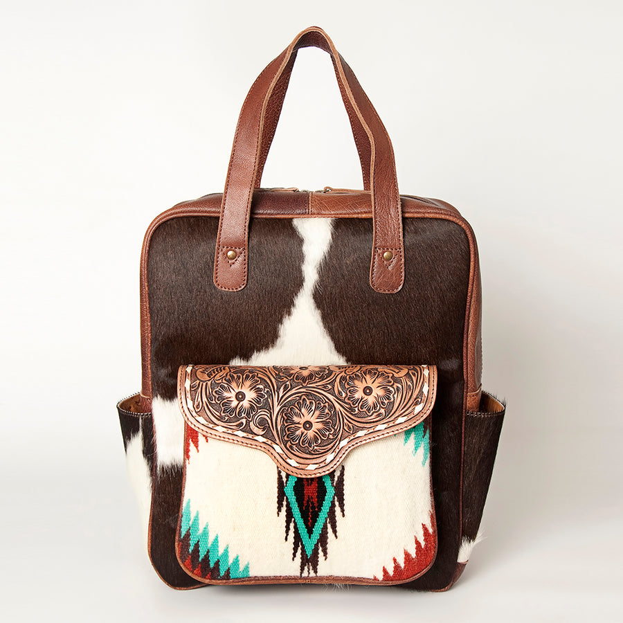 American Darling Backpack, Hand Tooled Floral Leather, Hair-On Cowhide & Woven Saddle Blanket, Western Style Genuine Leather
