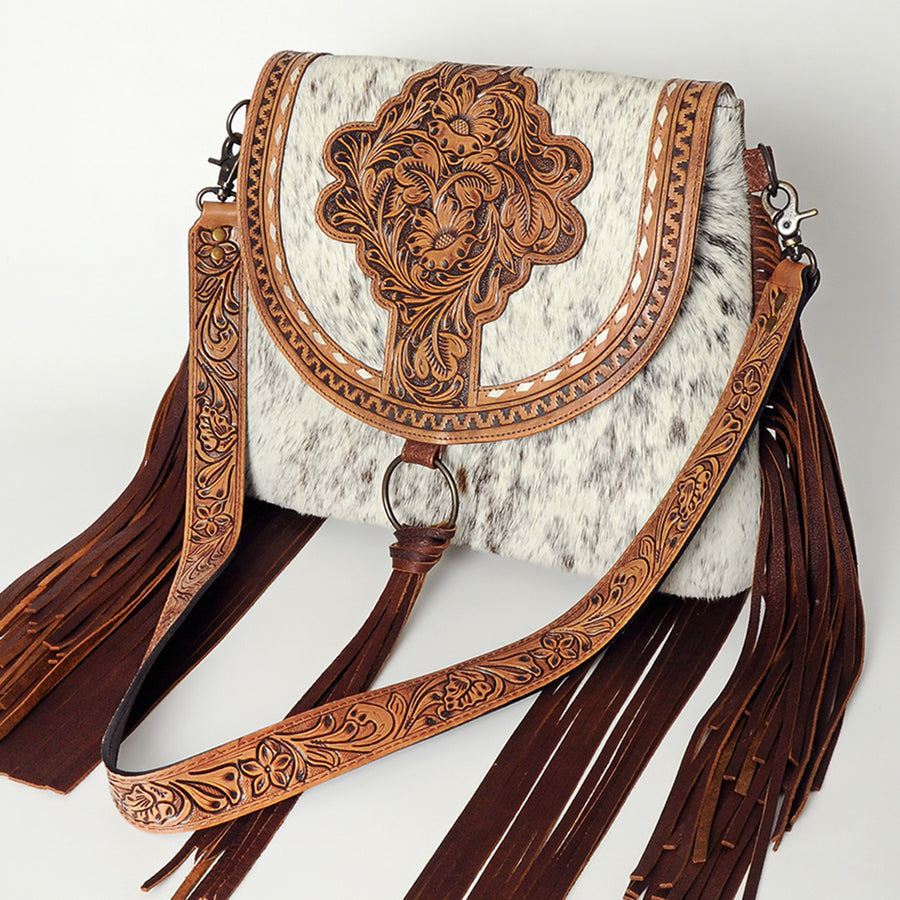American Darling Hand Tooled Floral Leather and Hair-On Cowhide Messenger Bag with Fringes - Uhorse
