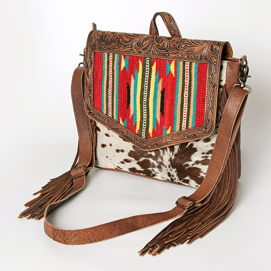 American Darling Hand Tooled Floral Leather and Saddle Blanket Messenger Bag with Fringes - Uhorse