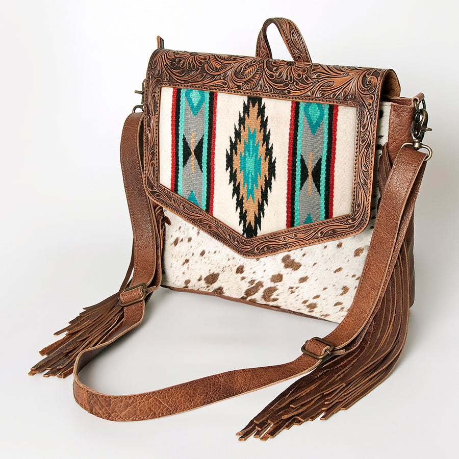 American Darling Hand Tooled Floral Leather and Saddle Blanket Messenger Bag with Fringes - Uhorse