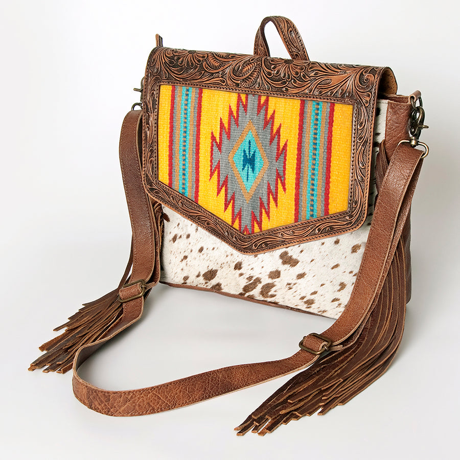 American Darling Hand Tooled Floral Leather and Saddle Blanket Messenger Bag with Fringes - Uhorse