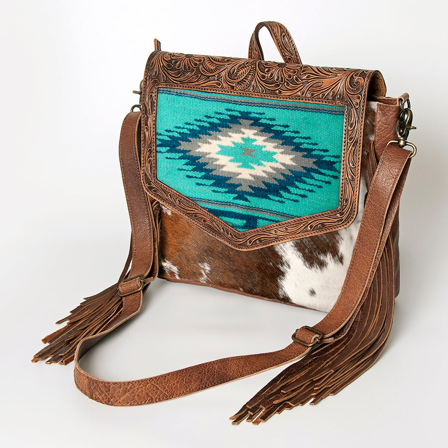 American Darling Hand Tooled Floral Leather and Saddle Blanket Messenger Bag with Fringes - Uhorse