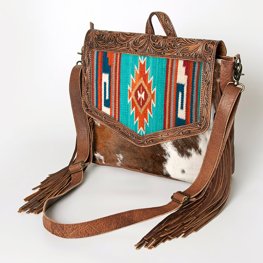 American Darling Hand Tooled Floral Leather and Saddle Blanket Messenger Bag with Fringes - Uhorse