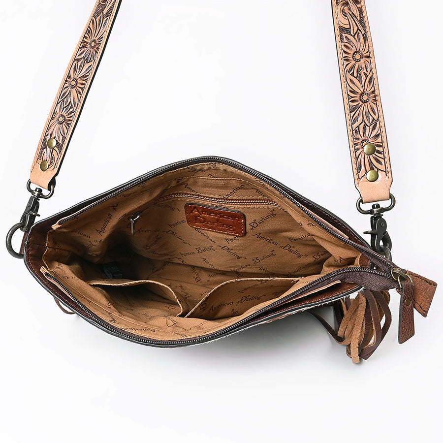 American Darling Small Cross body Bag for Women, Hand Tooled Floral Leather, Hair-On Cowhide with Fringes, Genuine Leather