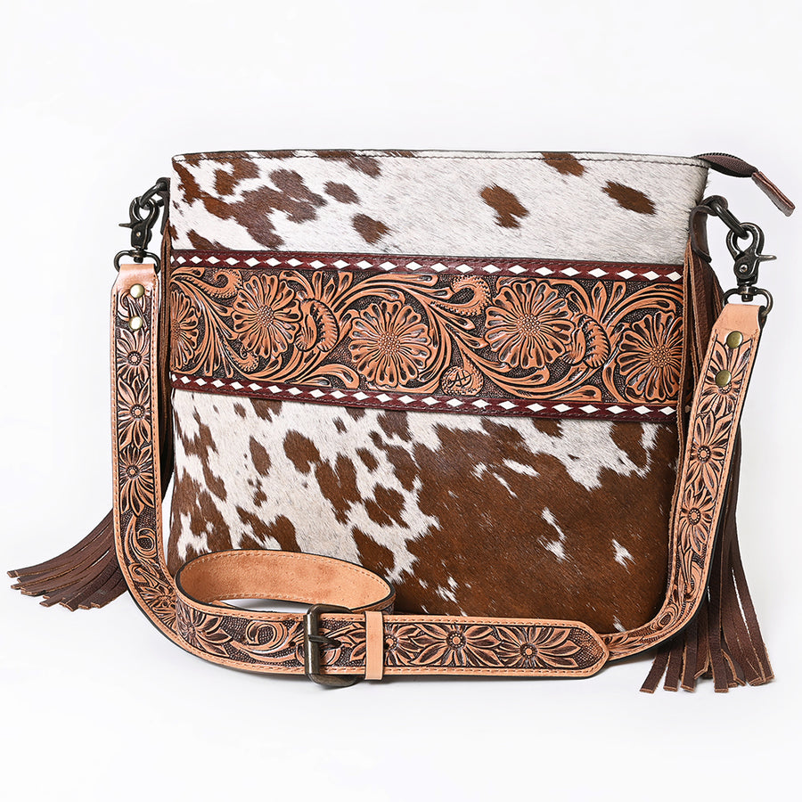 American Darling Hand Tooled Floral Leather and Hair-On Cowhide Small Cross body Bag with Fringes - Uhorse