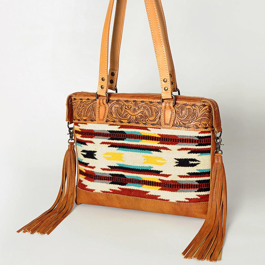 American Darling Hand Tooled Floral and Hand Woven Saddle Blanket Western Leather Tote Bag - Uhorse