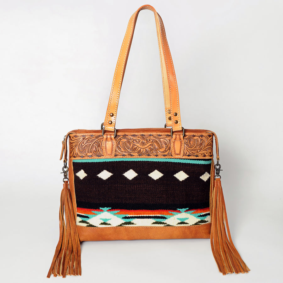 American Darling Tote Bag for Women, Hand Tooled Floral Leather, Hand Woven Saddle Blanket, Fringed Western Purse