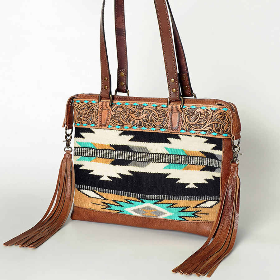 American Darling Hand Tooled Floral and Hand Woven Saddle Blanket Western Leather Tote Bag - Uhorse