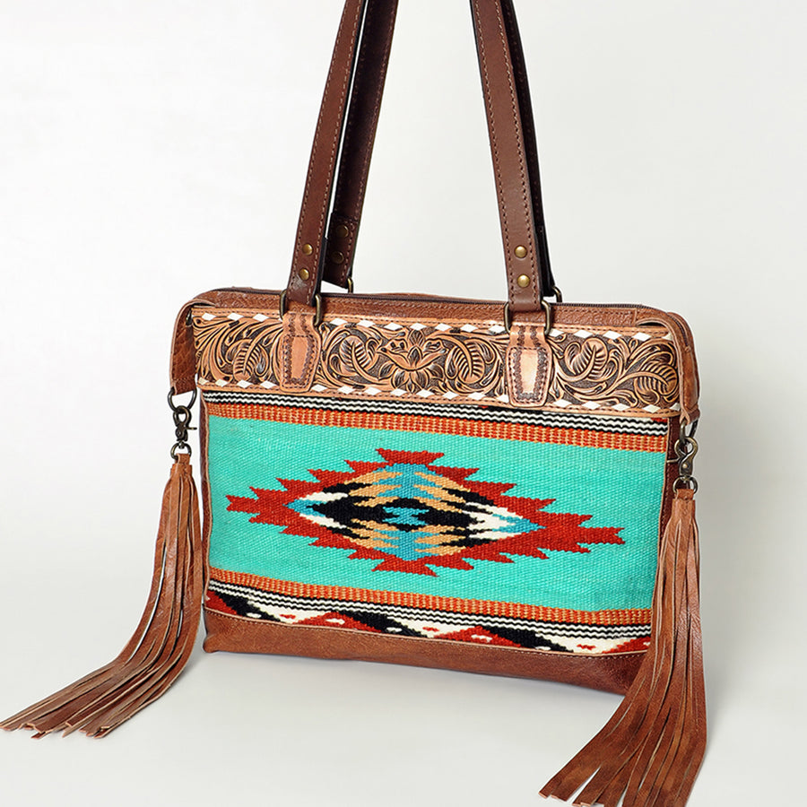 American Darling Hand Tooled Floral and Hand Woven Saddle Blanket Western Leather Tote Bag - Uhorse
