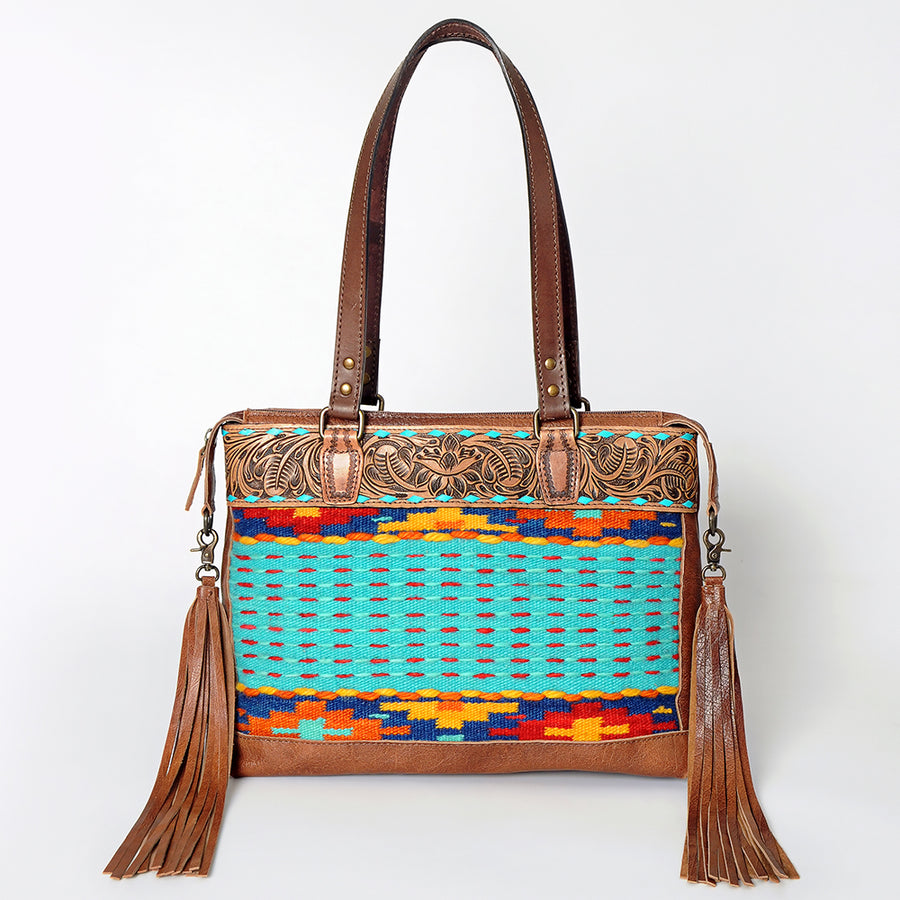 American Darling Tote Bag for Women, Hand Tooled Floral Leather, Hand Woven Saddle Blanket, Fringed Western Purse