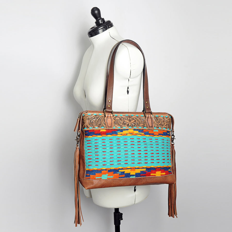 American Darling Tote Bag for Women, Hand Tooled Floral Leather, Hand Woven Saddle Blanket, Fringed Western Purse