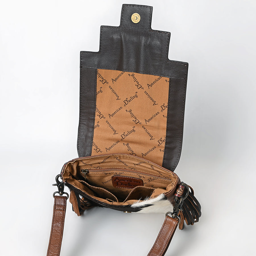 American Darling Messenger Bag for Women, Hand Tooled Floral Leather, Hair-On Cowhide, Woven Saddle Blanket, Genuine Leather